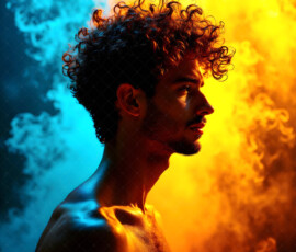 AI-generated abstract art of handsome men controlling swirling vortexes of colorful fluid and water in motion. Dynamic, surreal, vivid digital male art by Jeff Dupler.