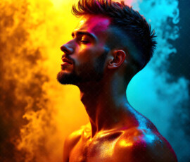 AI-generated abstract art of handsome men controlling swirling vortexes of colorful fluid and water in motion. Dynamic, surreal, vivid digital male art by Jeff Dupler.