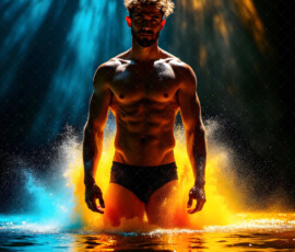 AI-generated abstract art of handsome men controlling swirling vortexes of colorful fluid and water in motion. Dynamic, surreal, vivid digital male art by Jeff Dupler.