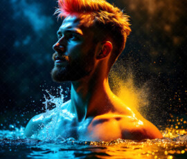 AI-generated abstract art of handsome men controlling swirling vortexes of colorful fluid and water in motion. Dynamic, surreal, vivid digital male art by Jeff Dupler.