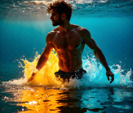 AI-generated abstract art of handsome men controlling swirling vortexes of colorful fluid and water in motion. Dynamic, surreal, vivid digital male art by Jeff Dupler.