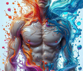 AI-generated abstract art of handsome men controlling swirling vortexes of colorful fluid and water in motion. Dynamic, surreal, vivid digital male art by Jeff Dupler.