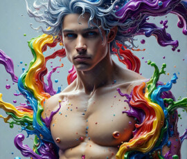 AI-generated abstract art of handsome men controlling swirling vortexes of colorful fluid and water in motion. Dynamic, surreal, vivid digital male art by Jeff Dupler.