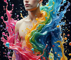 AI-generated abstract art of handsome men controlling swirling vortexes of colorful fluid and water in motion. Dynamic, surreal, vivid digital male art by Jeff Dupler.