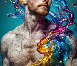 AI-generated abstract art of handsome men controlling swirling vortexes of colorful fluid and water in motion. Dynamic, surreal, vivid digital male art by Jeff Dupler.