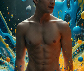 AI-generated abstract art of handsome men controlling swirling vortexes of colorful fluid and water in motion. Dynamic, surreal, vivid digital male art by Jeff Dupler.