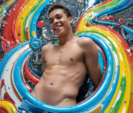AI-generated abstract art of handsome men controlling swirling vortexes of colorful fluid and water in motion. Dynamic, surreal, vivid digital male art by Jeff Dupler.