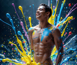 AI-generated abstract art of handsome men controlling swirling vortexes of colorful fluid and water in motion. Dynamic, surreal, vivid digital male art by Jeff Dupler.