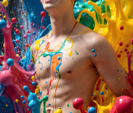 AI-generated abstract art of handsome men controlling swirling vortexes of colorful fluid and water in motion. Dynamic, surreal, vivid digital male art by Jeff Dupler.