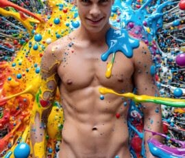 AI-generated abstract art of handsome men controlling swirling vortexes of colorful fluid and water in motion. Dynamic, surreal, vivid digital male art by Jeff Dupler.