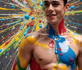 AI-generated abstract art of handsome men controlling swirling vortexes of colorful fluid and water in motion. Dynamic, surreal, vivid digital male art by Jeff Dupler.