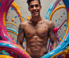 AI-generated abstract art of handsome men controlling swirling vortexes of colorful fluid and water in motion. Dynamic, surreal, vivid digital male art by Jeff Dupler.