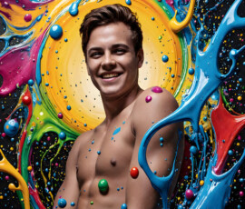 AI-generated abstract art of handsome men controlling swirling vortexes of colorful fluid and water in motion. Dynamic, surreal, vivid digital male art by Jeff Dupler.