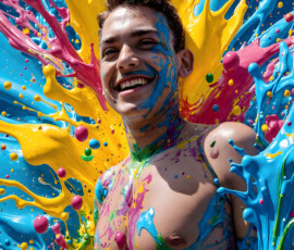 AI-generated abstract art of handsome men controlling swirling vortexes of colorful fluid and water in motion. Dynamic, surreal, vivid digital male art by Jeff Dupler.