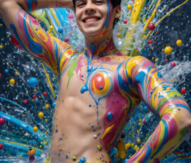 AI-generated abstract art of handsome men controlling swirling vortexes of colorful fluid and water in motion. Dynamic, surreal, vivid digital male art by Jeff Dupler.