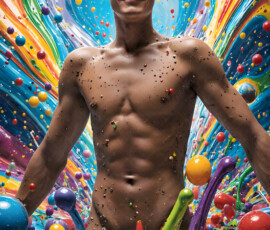 AI-generated abstract art of handsome men controlling swirling vortexes of colorful fluid and water in motion. Dynamic, surreal, vivid digital male art by Jeff Dupler.