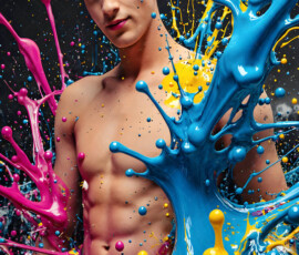 AI-generated abstract art of handsome men controlling swirling vortexes of colorful fluid and water in motion. Dynamic, surreal, vivid digital male art by Jeff Dupler.