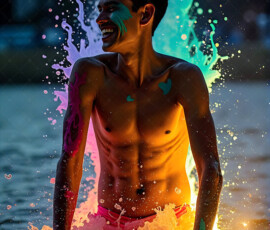 AI-generated abstract art of handsome men controlling swirling vortexes of colorful fluid and water in motion. Dynamic, surreal, vivid digital male art by Jeff Dupler.