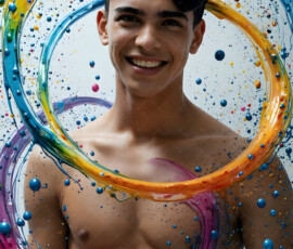 AI-generated abstract art of handsome men controlling swirling vortexes of colorful fluid and water in motion. Dynamic, surreal, vivid digital male art by Jeff Dupler.