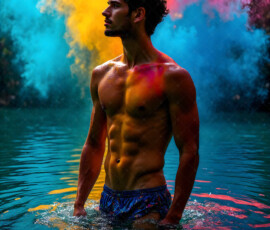 AI-generated abstract art of handsome men controlling swirling vortexes of colorful fluid and water in motion. Dynamic, surreal, vivid digital male art by Jeff Dupler.