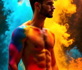 AI-generated abstract art of handsome men controlling swirling vortexes of colorful fluid and water in motion. Dynamic, surreal, vivid digital male art by Jeff Dupler.