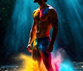 AI-generated abstract art of handsome men controlling swirling vortexes of colorful fluid and water in motion. Dynamic, surreal, vivid digital male art by Jeff Dupler.
