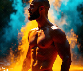 AI-generated abstract art of handsome men controlling swirling vortexes of colorful fluid and water in motion. Dynamic, surreal, vivid digital male art by Jeff Dupler.