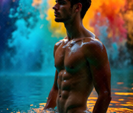 AI-generated abstract art of handsome men controlling swirling vortexes of colorful fluid and water in motion. Dynamic, surreal, vivid digital male art by Jeff Dupler.