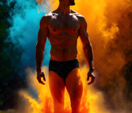 AI-generated abstract art of handsome men controlling swirling vortexes of colorful fluid and water in motion. Dynamic, surreal, vivid digital male art by Jeff Dupler.