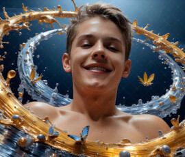 AI-generated abstract art of handsome men controlling swirling vortexes of colorful fluid and water in motion. Dynamic, surreal, vivid digital male art by Jeff Dupler.