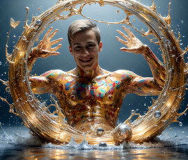 AI-generated abstract art of handsome men controlling swirling vortexes of colorful fluid and water in motion. Dynamic, surreal, vivid digital male art by Jeff Dupler.