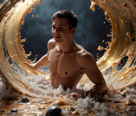 AI-generated abstract art of handsome men controlling swirling vortexes of colorful fluid and water in motion. Dynamic, surreal, vivid digital male art by Jeff Dupler.