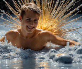 AI-generated abstract art of handsome men controlling swirling vortexes of colorful fluid and water in motion. Dynamic, surreal, vivid digital male art by Jeff Dupler.