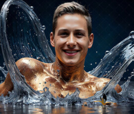 AI-generated abstract art of handsome men controlling swirling vortexes of colorful fluid and water in motion. Dynamic, surreal, vivid digital male art by Jeff Dupler.