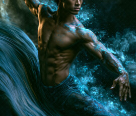 AI-generated abstract art of handsome men controlling swirling vortexes of colorful fluid and water in motion. Dynamic, surreal, vivid digital male art by Jeff Dupler.