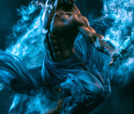 AI-generated abstract art of handsome men controlling swirling vortexes of colorful fluid and water in motion. Dynamic, surreal, vivid digital male art by Jeff Dupler.