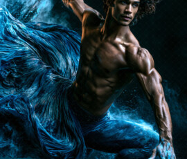 AI-generated abstract art of handsome men controlling swirling vortexes of colorful fluid and water in motion. Dynamic, surreal, vivid digital male art by Jeff Dupler.
