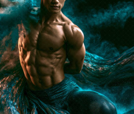 AI-generated abstract art of handsome men controlling swirling vortexes of colorful fluid and water in motion. Dynamic, surreal, vivid digital male art by Jeff Dupler.