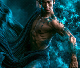 AI-generated abstract art of handsome men controlling swirling vortexes of colorful fluid and water in motion. Dynamic, surreal, vivid digital male art by Jeff Dupler.