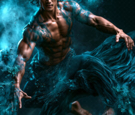 AI-generated abstract art of handsome men controlling swirling vortexes of colorful fluid and water in motion. Dynamic, surreal, vivid digital male art by Jeff Dupler.