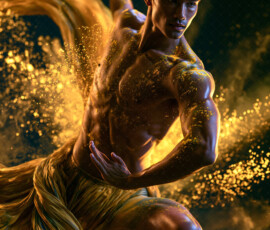 AI-generated abstract art of handsome men controlling swirling vortexes of colorful fluid and water in motion. Dynamic, surreal, vivid digital male art by Jeff Dupler.
