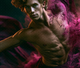 AI-generated abstract art of handsome men controlling swirling vortexes of colorful fluid and water in motion. Dynamic, surreal, vivid digital male art by Jeff Dupler.