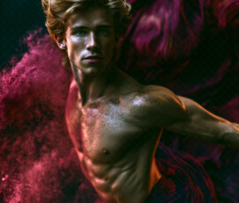 AI-generated abstract art of handsome men controlling swirling vortexes of colorful fluid and water in motion. Dynamic, surreal, vivid digital male art by Jeff Dupler.