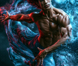 AI-generated abstract art of handsome men controlling swirling vortexes of colorful fluid and water in motion. Dynamic, surreal, vivid digital male art by Jeff Dupler.