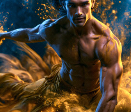 AI-generated abstract art of handsome men controlling swirling vortexes of colorful fluid and water in motion. Dynamic, surreal, vivid digital male art by Jeff Dupler.