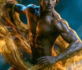 AI-generated abstract art of handsome men controlling swirling vortexes of colorful fluid and water in motion. Dynamic, surreal, vivid digital male art by Jeff Dupler.