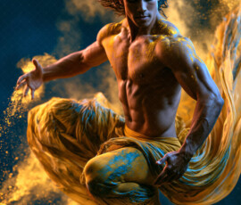 AI-generated abstract art of handsome men controlling swirling vortexes of colorful fluid and water in motion. Dynamic, surreal, vivid digital male art by Jeff Dupler.