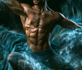 AI-generated abstract art of handsome men controlling swirling vortexes of colorful fluid and water in motion. Dynamic, surreal, vivid digital male art by Jeff Dupler.
