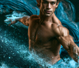 AI-generated abstract art of handsome men controlling swirling vortexes of colorful fluid and water in motion. Dynamic, surreal, vivid digital male art by Jeff Dupler.