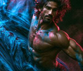 AI-generated abstract art of handsome men controlling swirling vortexes of colorful fluid and water in motion. Dynamic, surreal, vivid digital male art by Jeff Dupler.